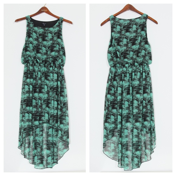 Nordstrom Soprano High Low Printed Chiffon Dress Green Black Sleeveless Sz Small - Picture 2 of 7